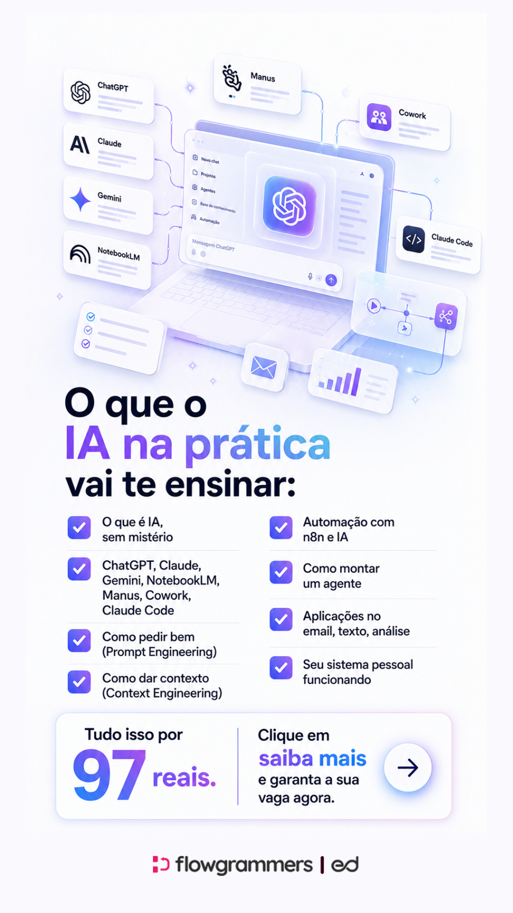 Exemplo de banner com mockup de interface e lista de benefícios